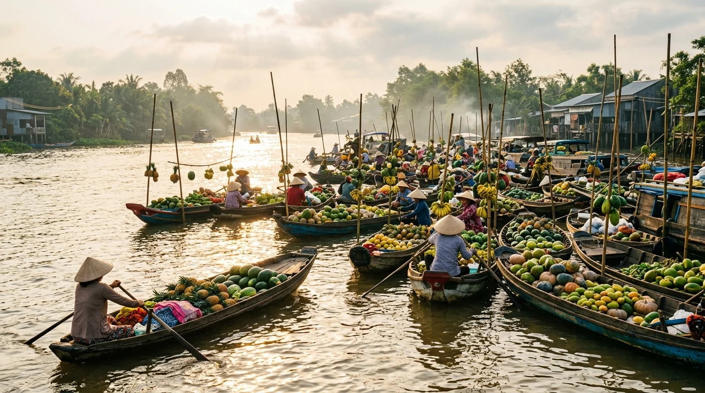 Chợ nổi Long Xuyên trên sông Hậu An Giang