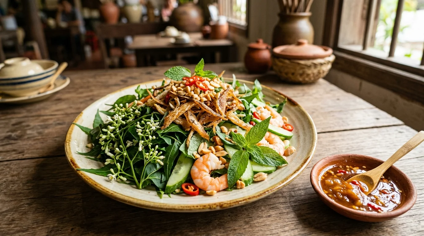 Gỏi sầu đâu khô cá lóc chấm mắm me An Giang