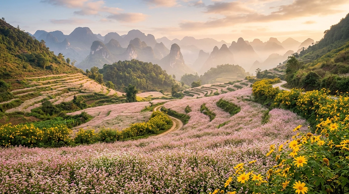 Mùa hoa tam giác mạch và dã quỳ đèo Mã Phục
