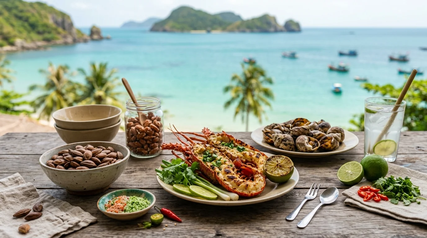 Mâm ẩm thực Côn Đảo: Hạt bàng rang muối gừng và hải sản tươi sống