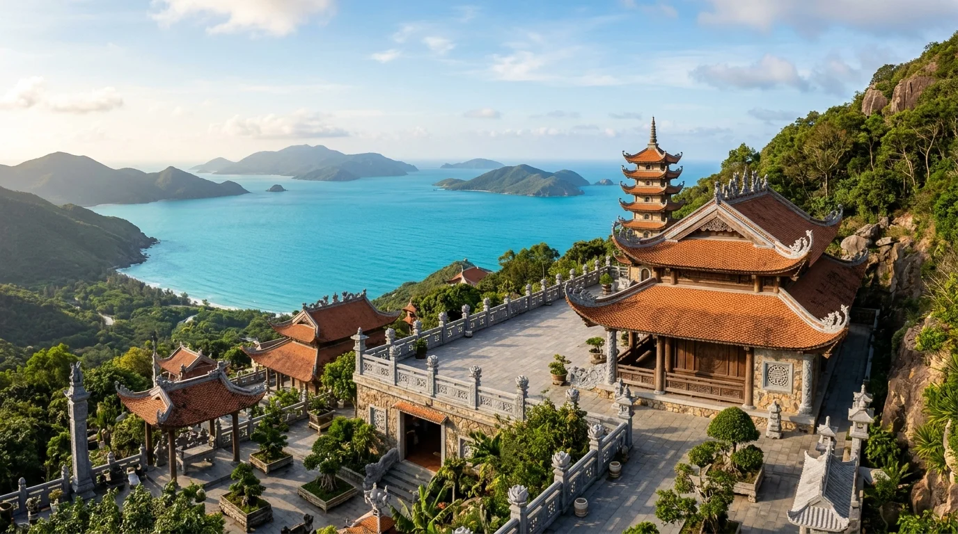 Chùa Núi Một Vân Sơn Tự tọa lạc trên núi nhìn ra vịnh biển
