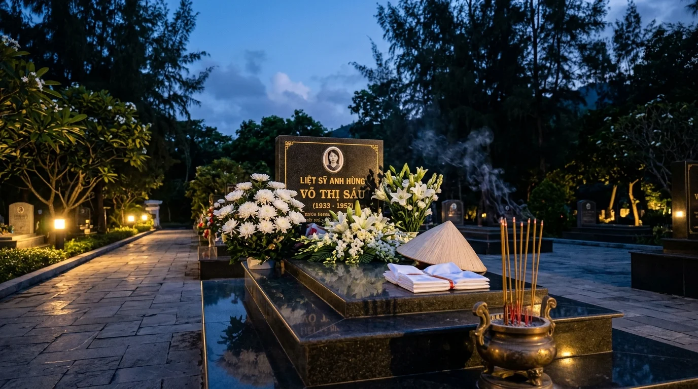 Phần mộ Nữ anh hùng liệt sĩ Võ Thị Sáu ngập tràn hoa trắng và khói hương