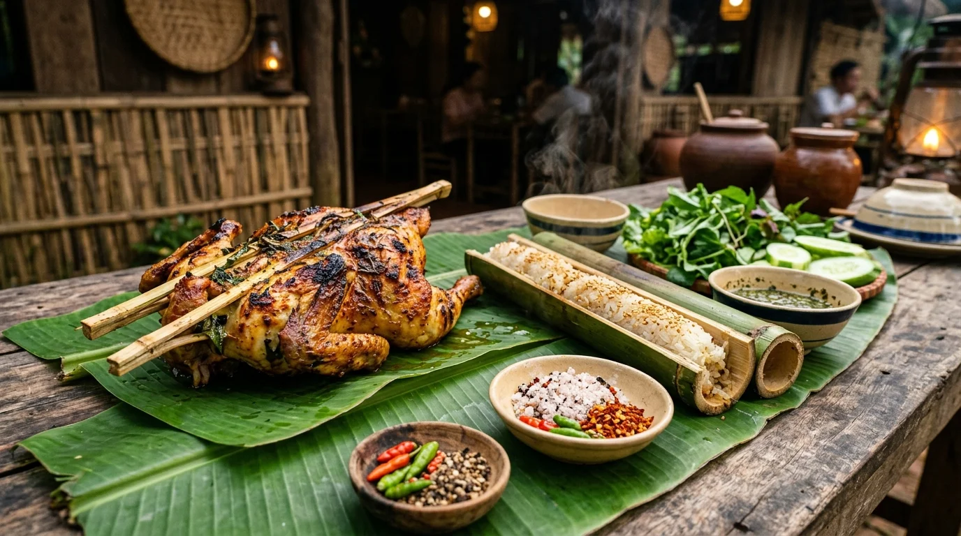 Ẩm thực Măng Đen cơm lam gà nướng tiêu rừng