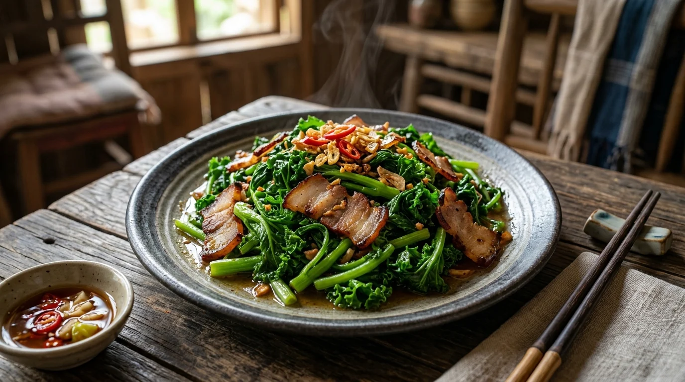 Rau cải mèo Mộc Châu xào thịt hun khói