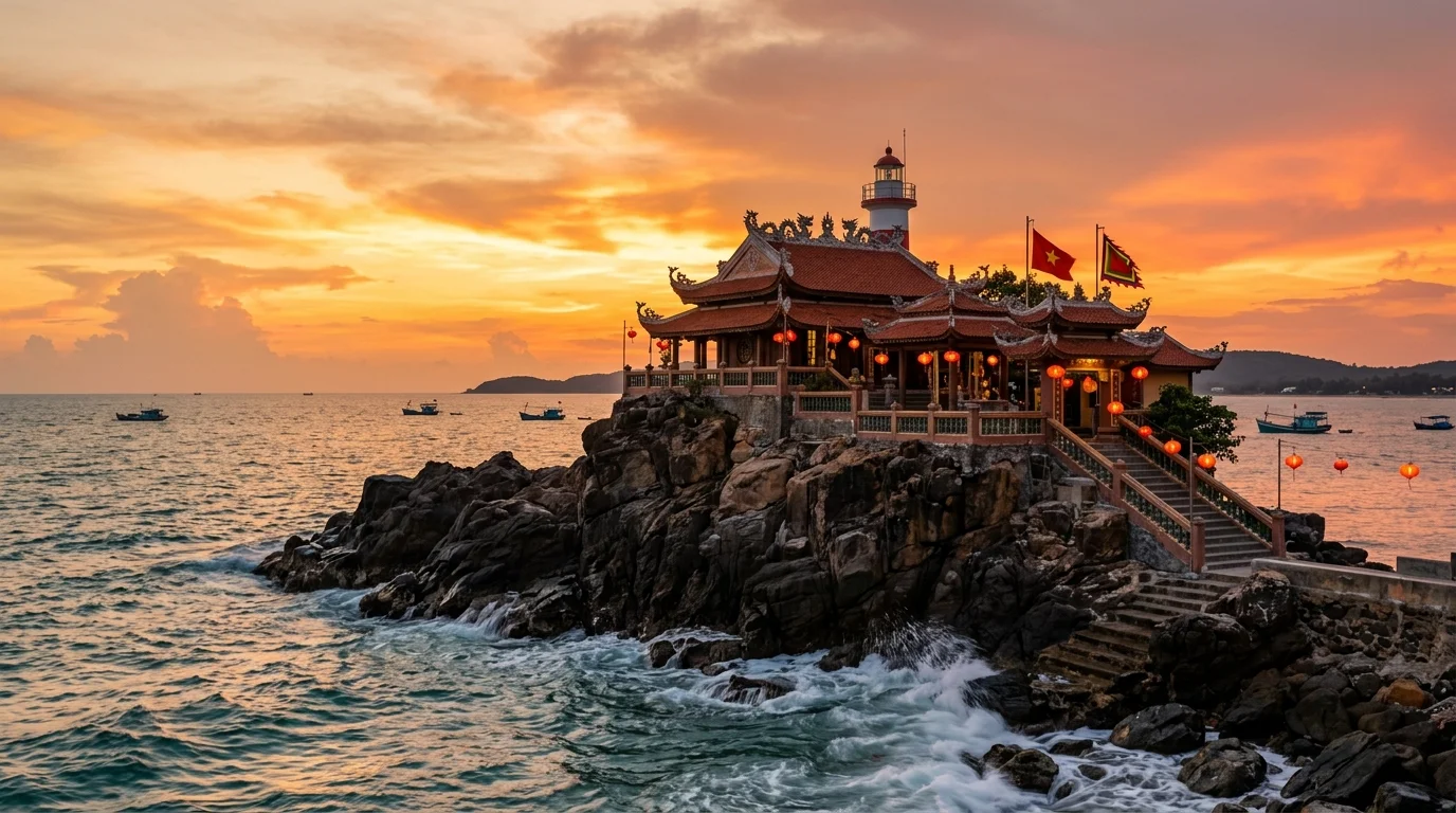 Dinh Cậu Phú Quốc trên mỏm đá lúc hoàng hôn