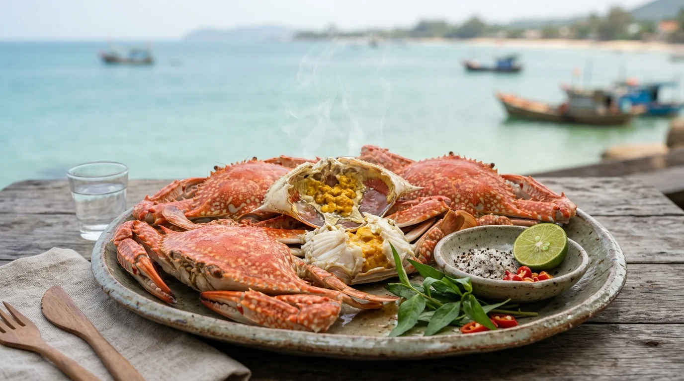 Ghẹ Hàm Ninh hấp chấm muối tiêu chanh Phú Quốc