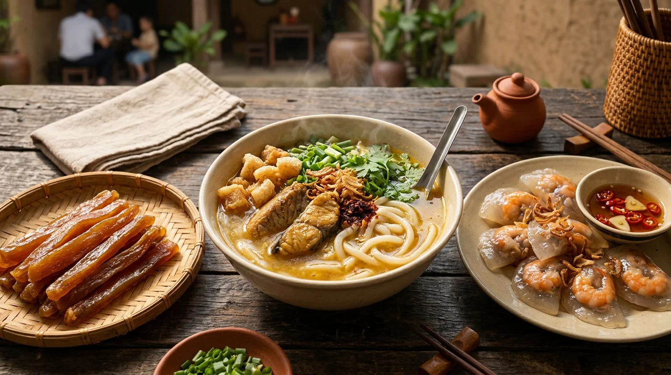 Mâm ẩm thực đặc sản cháo canh cá lóc và khoai gieo Hải Ninh Quảng Bình