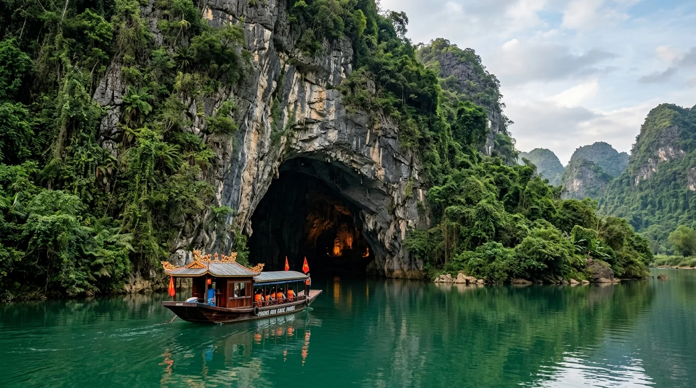 Thuyền nan đi vào cửa Động Phong Nha trên dòng sông Son ngọc bích