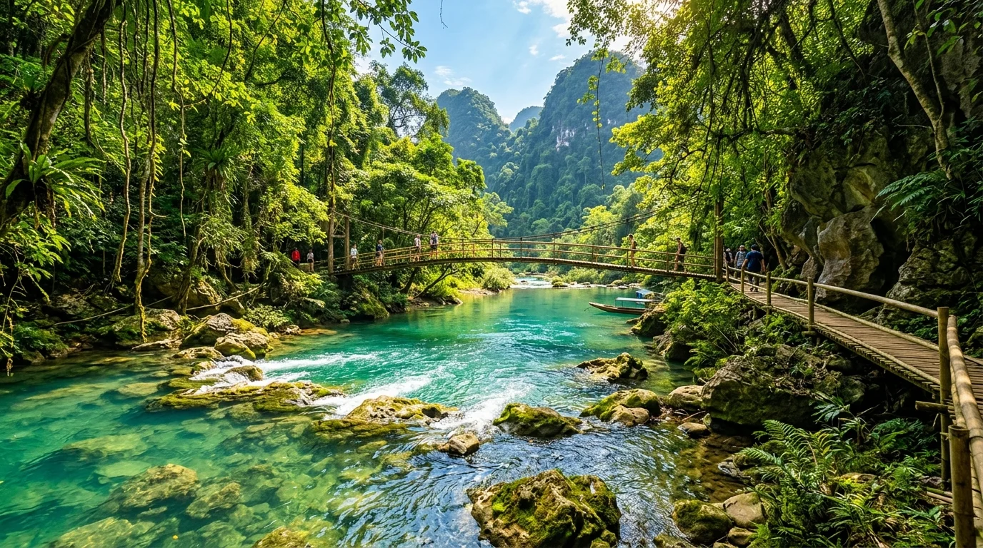 Dòng suối Nước Moọc xanh màu ngọc bích giữa rừng nguyên sinh