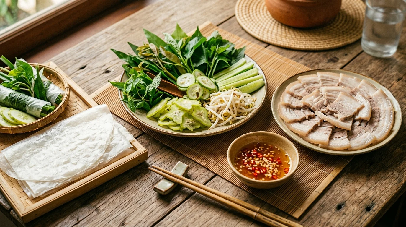 Bánh tráng phơi sương Trảng Bàng cuốn thịt luộc